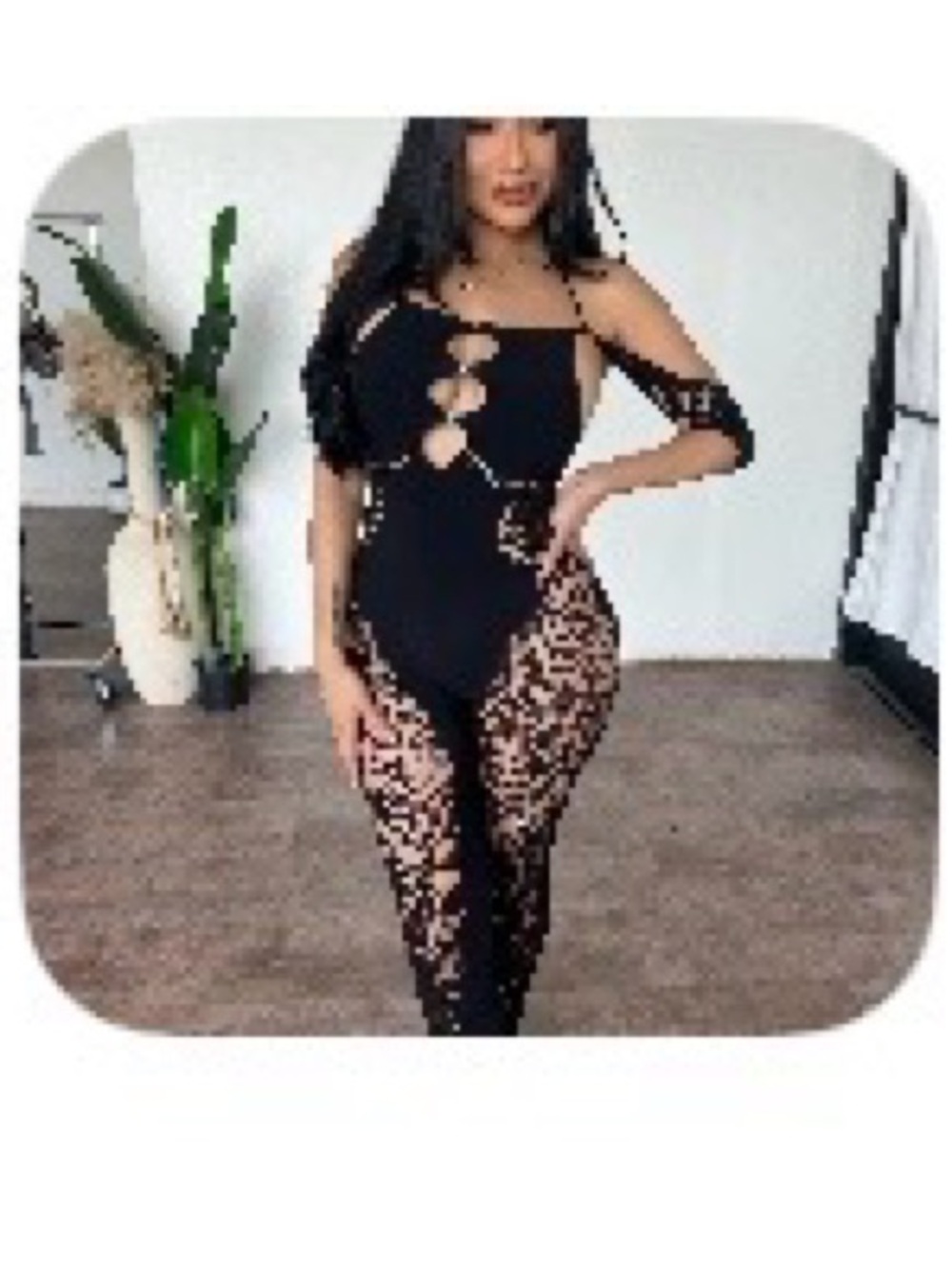 OOTDFash Black Cutout Halter Knit Jumpsuit with Button Accents